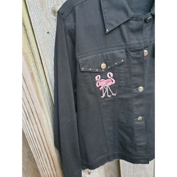 Las Olas Women M Black Denim Jean Jacket Pink Flamingo Rhinestone - Picture 4 of 9